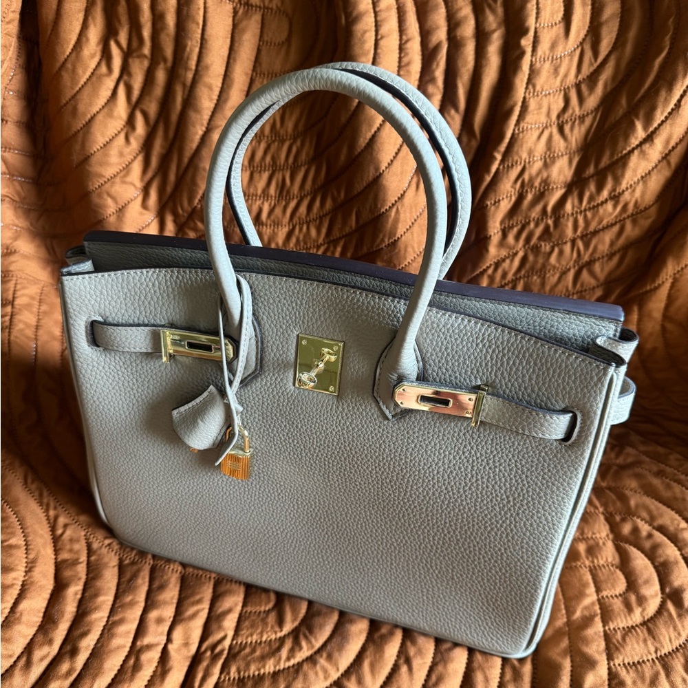 Tan Genuine Leather, Birkin-Inspired Tote with Gold Lock